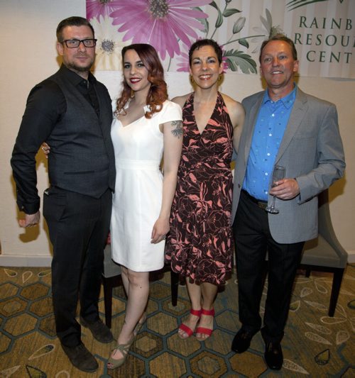 The Rainbow Resource Centre held its annual Spring Fling Gala at the Delta Winnipeg on May 23, 2015. The not-for-profit community organization provides support, education, programming and resources to the gay, lesbian, bisexual, transgender and two-spirit communities of Manitoba and northwestern Ontario. Representing Frescolio Fine Oils and Vinegars were Scott Prokop (from left), Chantal Hogue, Lise Belanger and Michael Graham. (JOHN JOHNSTON FOR THE WINNIPEG FREE PRESS)