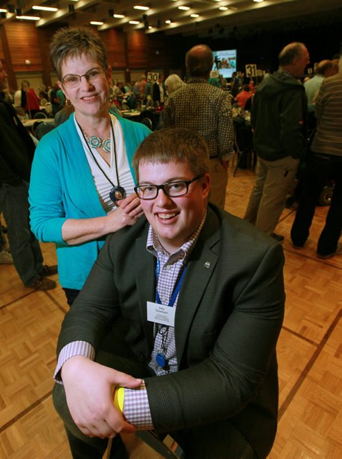 Joey Dearborn set to become president of Manitoba conference of United Church of Canada poses with outgoing president Barbara Jardine at the conference Friday. See Brenda SUderman story. May 29, 2015 - (Phil Hossack / WInnipeg Free Press)