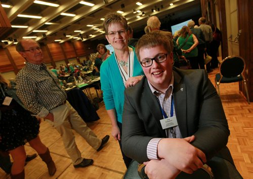 Joey Dearborn set to become president of Manitoba conference of United Church of Canada poses with outgoing president Barbara Jardine at the conferene Friday. See Brenda SUderman story. May 29, 2015 - (Phil Hossack / WInnipeg Free Press)