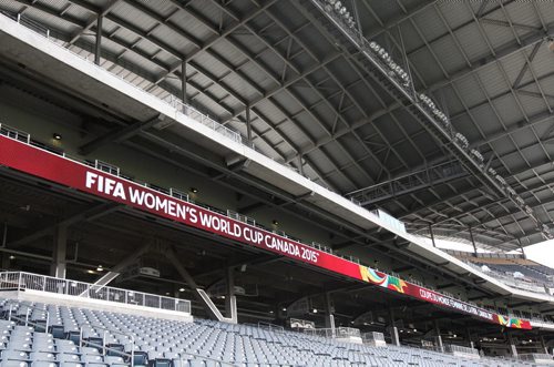Running graphics on the field of Investors Group Field in preparation for FIFA Womens World Cup in Winnipeg-See Melissa Martin story- May 29, 2015   (JOE BRYKSA / WINNIPEG FREE PRESS)