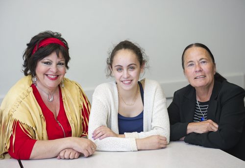 150529 DAVID LIPNOWSKI / WINNIPEG FREE PRESS (May 29, 2015)  Gray Academy of Jewish Education grade 10 student Nicole Margolis (right) with medium and aboriginal spirit walker Mary Wilson, and Grade 10 teacher Barbera Buffie (right).  Grade 10 teacher Barbera Buffie assigned her class to interview "fearless" individuals in Winnipeg that she believed the students would learn from and be inspired by.  FOR Sinclair column