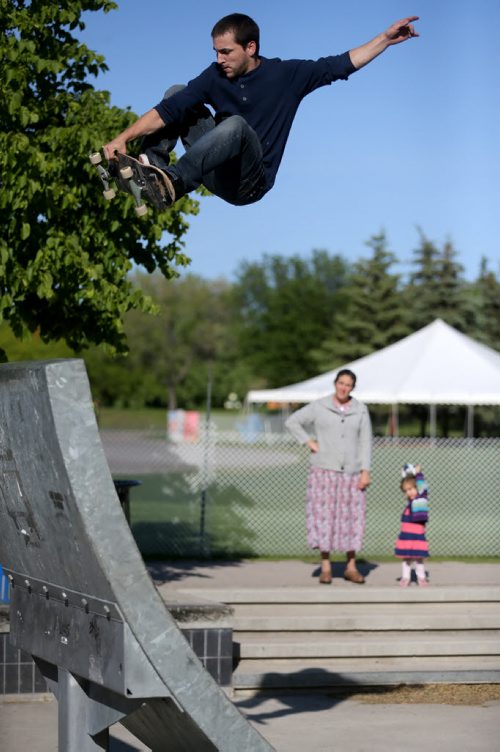 Kevin Delorme, 25, skateboarding at The Forks, Winnipeg, Saturday, May 30, 2015. (TREVOR HAGAN/WINNIPEG FREE PRESS)