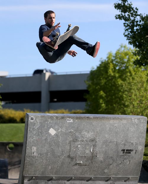 Kevin Delorme, 25, skateboarding at The Forks, Winnipeg, Saturday, May 30, 2015. (TREVOR HAGAN/WINNIPEG FREE PRESS)