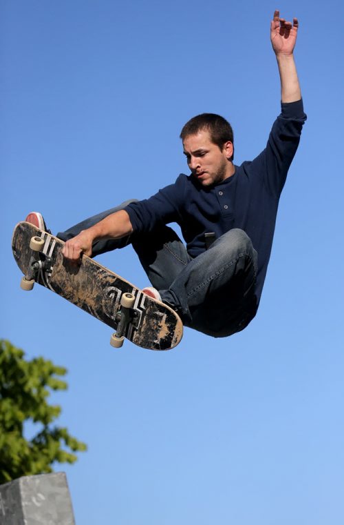 Kevin Delorme, 25, skateboarding at The Forks, Winnipeg, Saturday, May 30, 2015. (TREVOR HAGAN/WINNIPEG FREE PRESS)