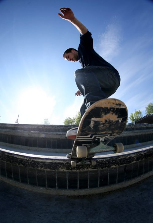 Kevin Delorme, 25, skateboarding at The Forks, Winnipeg, Saturday, May 30, 2015. (TREVOR HAGAN/WINNIPEG FREE PRESS)