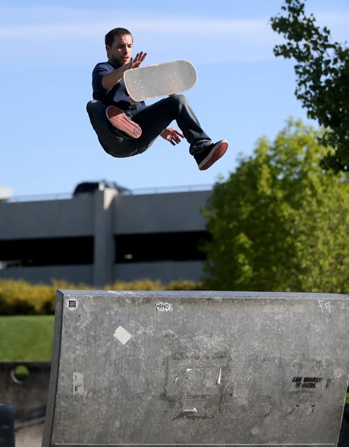 Kevin Delorme, 25, skateboarding at The Forks, Winnipeg, Saturday, May 30, 2015. (TREVOR HAGAN/WINNIPEG FREE PRESS)