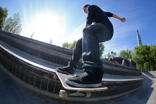 Kevin Delorme, 25, skateboarding at The Forks, Winnipeg, Saturday, May 30, 2015. (TREVOR HAGAN/WINNIPEG FREE PRESS)