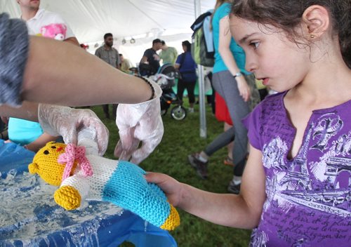 Amalia Alfonso, 6, watches as her stuffy is treated by a doctor in the medical centre at the Teddy Bears' Picnic at Assiniboine Park. The event brings around 30,000 people to the park, mostly kids with their stuffed toys that are damaged and need fixing. The money raised goes towards the Childrens Hospital Foundation of Manitoba.  150531 May 31, 2015 Mike Deal / Winnipeg Free Press