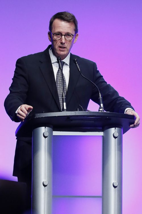 June 1, 2015 - 150601  -  Mark Chipman, Executive Chairman of True North Sports and Entertainment speaks prior to David Thomson, Co-chair of Woodbridge, Chairman of Thomson Reuters, and Chairman of The Globe and Mail being honoured with the International Distinguished Entrepreneur Award by the Asper School of Business at the Convention Centre  Monday, June 1, 2015. John Woods / Winnipeg Free Press