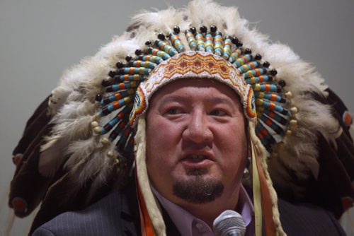 Assembly of Manitoba Chiefs Grand Chief Derek Nepinak speaks at a ceremony to mark the release of The Truth and Reconciliation Commission at the University of Winnipeg this morning -See Mary Agnes Welch s story- June 2, 2015   (JOE BRYKSA / WINNIPEG FREE PRESS)
