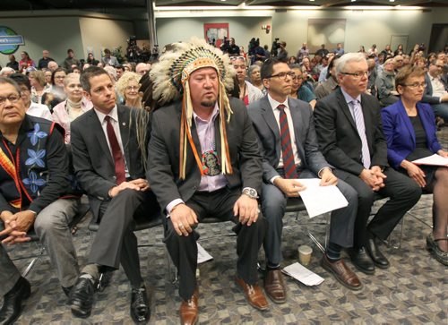 L to R Mayor Brian Bowman, Assembly of Manitoba Chiefs Grand Chief Derek Nepinak , Treaty Commissioner Jamie Wilson, and Premier Greg Selinger at event to mark the release of The Truth and Reconciliation Commission at the University of Winnipeg this morning -See Mary Agnes Welch s story- June 2, 2015   (JOE BRYKSA / WINNIPEG FREE PRESS)