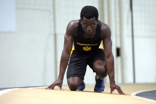 THE 2015 MILK PROVINCIAL HIGH SCHOOL TRACK & FIELD CHAMPIONSHIP. Meet is this weekend. Preview press conference. Fort Richmond Collegiate William Nti poses for some track photos at Max Bell Centre. BORIS MINKEVICH/WINNIPEG FREE PRESS June 2, 2015