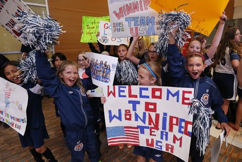 June 2, 2015 - 150602  -  Childrens soccer teams came to support team USA as they arrived in Winnipeg for the World Cup Tuesday, June 2, 2015. John Woods / Winnipeg Free Press