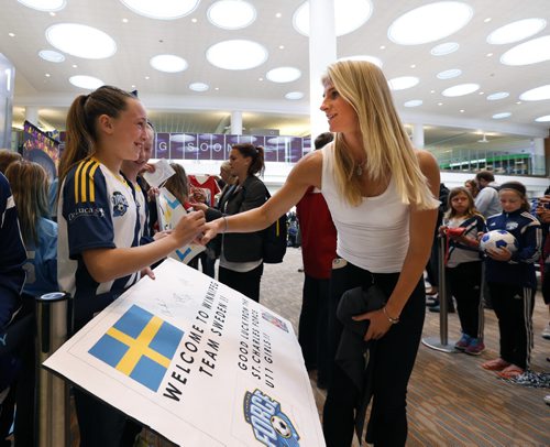 Sofia Jakobsson , a member of Team Sweden signed a poster for Jax Correia a player on the St. Charles Force after Team Sweden arrived at the James A Richardson International Airport Wednesday to compete in the FIFA Womens World Cup Canada 2015.The fifth ranked Sweden will have a few days to train before they kick-off their tournament run in Winnipeg with Group D matches against Nigeria and the USA starting 8 June.   Wayne Glowacki / Winnipeg Free Press June 3 2015