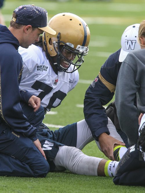 Greg Childs (79) sustained a suspected Achilles tendon tear at Winnipeg Blue Bombers training camp Wednesday morning and is likely done for the season. 150603 - Wednesday, June 03, 2015 -  MIKE DEAL / WINNIPEG FREE PRESS