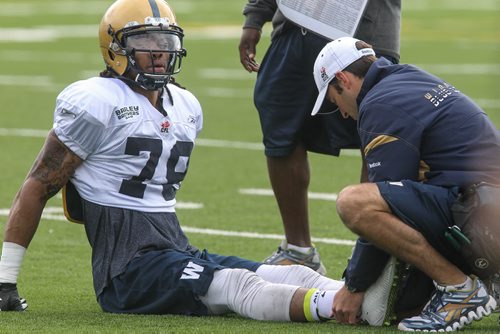 Greg Childs (79) sustained a suspected Achilles tendon tear at Winnipeg Blue Bombers training camp Wednesday morning and is likely done for the season. 150603 - Wednesday, June 03, 2015 -  MIKE DEAL / WINNIPEG FREE PRESS