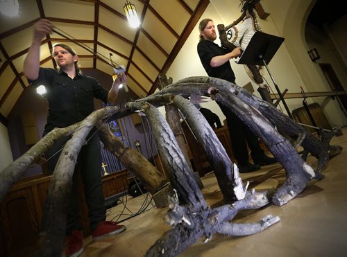 June 2, 2015 - 150603  -   Jesse Krause (R) and his brother Thomas of Gerauschbiest plays his home made instruments during a dress rehearsal of his latest production at Saint Margaret's Church Tuesday, June 2, 2015. John Woods / Winnipeg Free Press