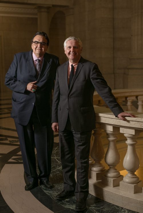 MLA Eric Robinson, current Minister of Aboriginal and Northern Affairs with MLA Gord Mackintosh, Minister of Justice and Attorney General, photographed in the rotunda of the Manitoba Legislature. Members involved in Meech Lark Accord 25 year anniversary. June 03, 2015 - MELISSA TAIT / WINNIPEG FREE PRESS