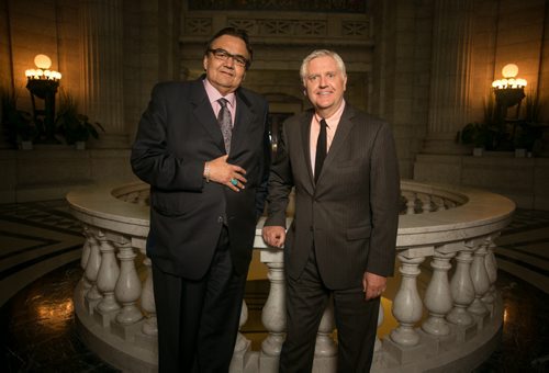 MLA Eric Robinson, current Minister of Aboriginal and Northern Affairs with MLA Gord Mackintosh, Minister of Justice and Attorney General, photographed in the rotunda of the Manitoba Legislature. Members involved in Meech Lark Accord 25 year anniversary. June 03, 2015 - MELISSA TAIT / WINNIPEG FREE PRESS