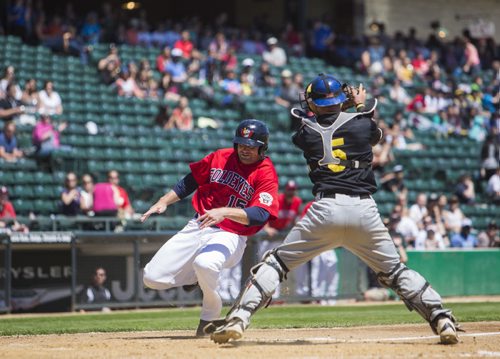 Aaron Baker of the Goldeyes slides into home a moment too late as Sioux Falls Canary Tyler Tewell gets him out at Shaw Park on Thursday, June 4, 2015.  The Sioux Falls Canaries won the game 7-4. Mikaela MacKenzie / Winnipeg Free Press