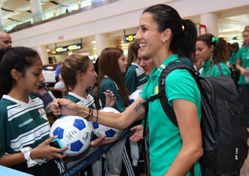 Team Australia arrives at the James A Richardson International airport for the 2015 FIFA Womens World Cup to a crowd of Winnipeg fans Thursday-  See Carol Sander story- June 04, 2015   (JOE BRYKSA / WINNIPEG FREE PRESS)