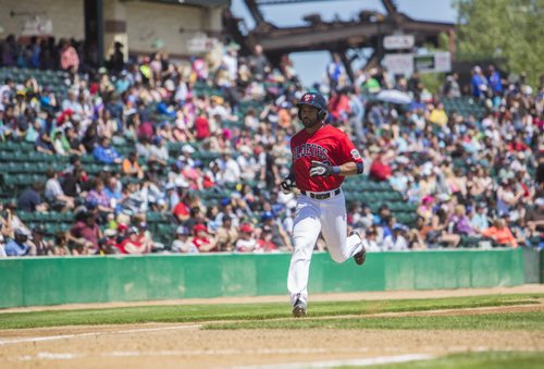 Nic Jackson of the Winnipeg Goldeyes runs to home base in a game versus the Sioux Falls Canaries at Shaw Park on Thursday, June 4, 2015. The Canaries won the game 7-4. Mikaela MacKenzie / Winnipeg Free Press