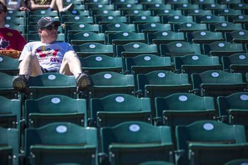 Craig Watters watches a Goldeyes game versus the Sioux Falls Canaries in the sun at Shaw Park on Thursday, June 4, 2015. The stands were far from full, and the Sioux Falls Canaries ended up winning the game 7-4. Mikaela MacKenzie / Winnipeg Free Press