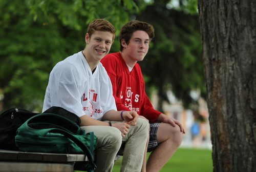 2017 Project:    GlenLawn Collegiate students (formerly Windsor School students) taking part in the 2017 project finish up their 2nd year in high school this year with many new challenges and changes.  Cousins Griffin (left, white shirt) and Jesse goof around just before lunch recently while wearing the schools new hockey jerseys. Both Griffin and Jesse play on hockey teams outside of the school but are happy that the school will be getting their own hockey team next year.   See Doug Speirs story.   June 04, 2015 Ruth Bonneville / Winnipeg Free Press