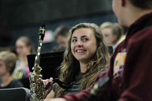 Aby  smiles as she chats with a fellow jazz player while practising with the school's jazz band recently. She has been able to adjust well after losing a very dear friend to an illness earlier in the year.    GlenLawn Collegiate students (formerly Windsor School students) taking part in the 2017 project finish up their 2nd year in high school this year with many new challenges and changes. See Doug Speirs story.  June 04, 2015 Ruth Bonneville / Winnipeg Free Press
