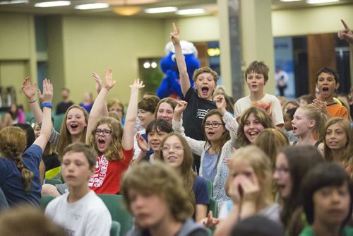 Students from Ecole Laura Secord go wild when an award is announced at the school patrol awards held at the RBC Convention Centre on Friday, June 5, 2015. Mikaela MacKenzie / Winnipeg Free Press