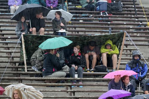 Spectators during MSHAA Provincial Track and Field Championships during heavy rain, at University Stadium at the University of Manitoba, Saturday, June 6, 2015. (TREVOR HAGAN/WINNIPEG FREE PRESS)