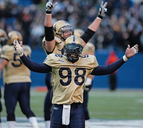 BORIS MINKEVICH / WINNIPEG FREE PRESS  071111 Gavin Walls celebrates after the defence stopped a first down. Key play late in the last quarter.