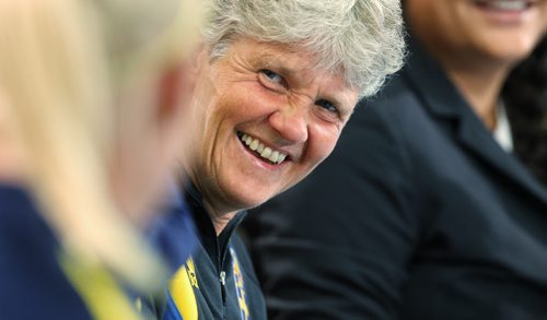 Pia Sundhage the head coach for the Swedish FIFA World Cup team during a press conference prior to practice the day before their first game against Nigeria on Monday.  150607 June 7, 2015 MIKE DEAL / WINNIPEG FREE PRESS