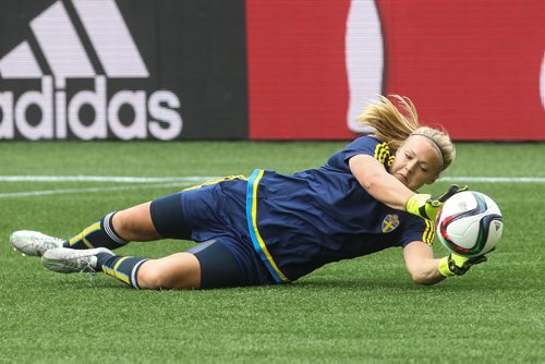 Goalkeeper Hilda Carlen (12) for the Swedish national team practices at Investors Group Field in Winnipeg Sunday the day before their game against Nigeria in the FIFA World Cup of Soccer tournament. 150607 - Sunday, June 07, 2015 -  MIKE DEAL / WINNIPEG FREE PRESS