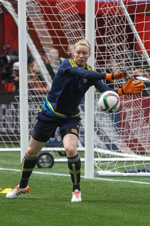 Goalkeeper Carola Soberg (21) for the Swedish national team practices at Investors Group Field in Winnipeg Sunday the day before their game against Nigeria in the FIFA World Cup of Soccer tournament. 150607 - Sunday, June 07, 2015 -  MIKE DEAL / WINNIPEG FREE PRESS
