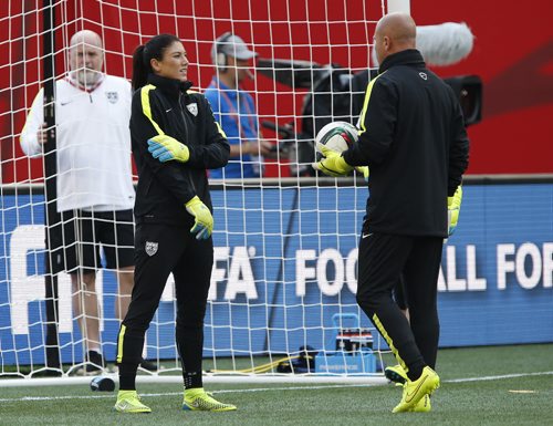 June 7, 2015 - 150607  -  Hope Solo from Team USA rubs her elbow as her team practices on the pitch for the first time at Winnipeg Stadium in preparation for the FIFA Women's World Cup Sunday, June 7, 2015. John Woods / Winnipeg Free Press