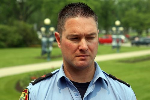 Plans to introduce first-of-its-kind legislation in Canada for post-traumatic stress disorder coverage unveiled at the Front steps of the Legislative Building. Firefighters Chad Swayze has PTSD. BORIS MINKEVICH/WINNIPEG FREE PRESS June 8, 2015