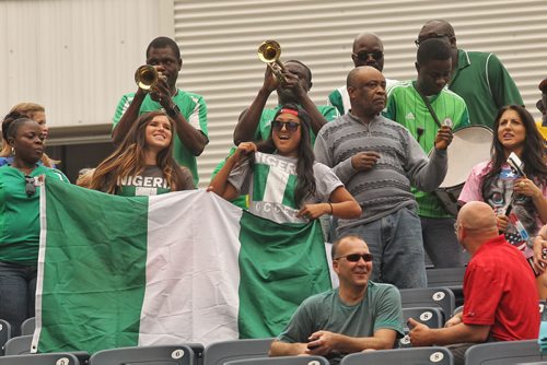 Nigerian fans show their spirit prior to the start of the FIFA Women's World Cup game at Investors Group Field Sweden vs. Nigeria.  150608 June 8, 2015 MIKE DEAL / WINNIPEG FREE PRESS
