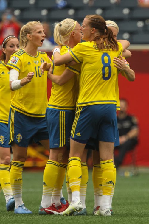 Sweden's Sofia Jakobsson (10) celebrates their first goal against Nigeria during FIFA Women's World Cup soccer action in Winnipeg on Monday, June 8, 2015. 150608 - Monday, June 08, 2015 -  MIKE DEAL / WINNIPEG FREE PRESS