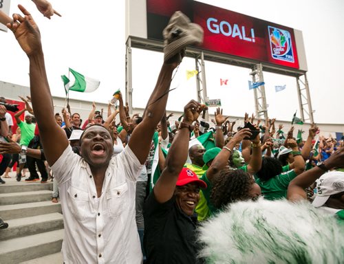Pandemonium in the stands as a huge contingent of Nigerian fans cheer the game-tying goal by Francisca Ordega of Nigeria in the 87th minute against Sweden in the FIFA Women's World Cup match in Winnipeg. June 08, 2015 - MELISSA TAIT / WINNIPEG FREE PRESS