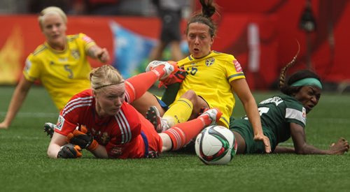 Sweden's goalkeeper Hedvig Lindahl (1) watches as the ball trickles past her during the second half of FIFA Women's World Cup soccer action in Winnipeg on Monday, June 8, 2015. 150608 - Monday, June 08, 2015 -  MIKE DEAL / WINNIPEG FREE PRESS