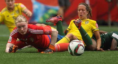 Sweden's goalkeeper Hedvig Lindahl (1) watches as the ball trickles past her during the second half of FIFA Women's World Cup soccer action in Winnipeg on Monday, June 8, 2015. 150608 - Monday, June 08, 2015 -  MIKE DEAL / WINNIPEG FREE PRESS