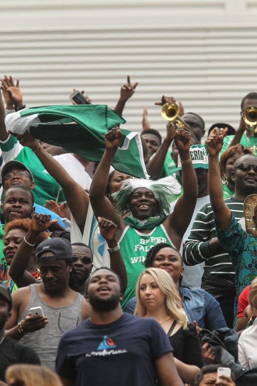 Nigeria fans celebrate during the second half of FIFA Women's World Cup soccer action in Winnipeg on Monday, June 8, 2015. 150608 - Monday, June 08, 2015 -  MIKE DEAL / WINNIPEG FREE PRESS