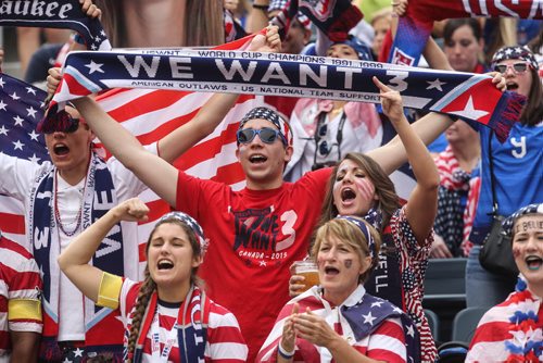 Fans get into the spirit before the USA and Australia teams play in FIFA Women's World Cup soccer action in Winnipeg on Monday, June 8, 2015. 150608 - Monday, June 08, 2015 -  MIKE DEAL / WINNIPEG FREE PRESS