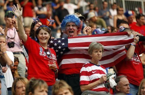 All American!!  Team USA fans strut thier stuff MOnday at Investor's Group Field waiting for the match between teams USA and Australia. June 8, 2015 - (Phil Hossack / Winnipeg Free Press)