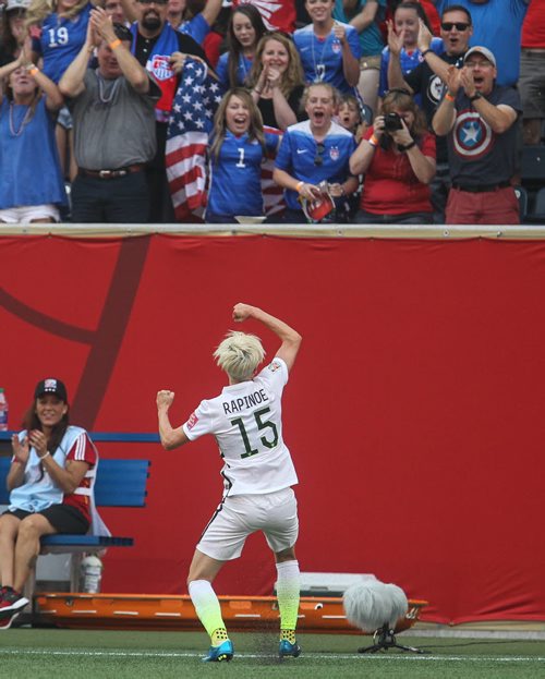 USA's Megan Rapinoe (15) celebrates scoring the first goal during FIFA Women's World Cup soccer action in Winnipeg on Monday, June 8, 2015. 150608 - Monday, June 08, 2015 -  MIKE DEAL / WINNIPEG FREE PRESS