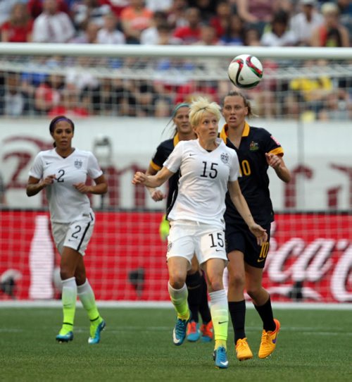 Team USA's # 15Meaghan Rapino keeps an eye on the bouncing ball Monday at Investor's Field in FIFA action against Australia. June 8, 2015 - (Phil Hossack / Winnipeg Free Press)