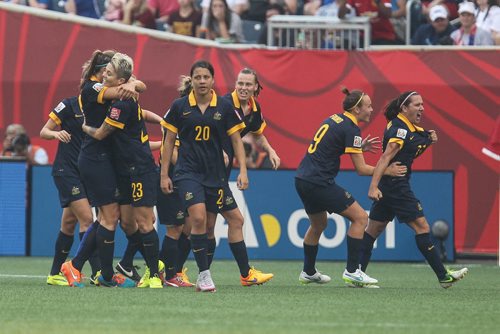 Australia celebrates a goal during FIFA Women's World Cup soccer action in Winnipeg on Monday, June 8, 2015. 150608 - Monday, June 08, 2015 -  MIKE DEAL / WINNIPEG FREE PRESS