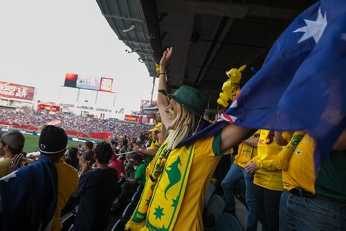 Brooke Robson cheers after Australia ties USA in the first half in Winnipeg FIFA Women's World Cup. Robson travelled from Australia to watch her sister Nicola Bolger, a midfielder. June 08, 2015 - MELISSA TAIT / WINNIPEG FREE PRESS