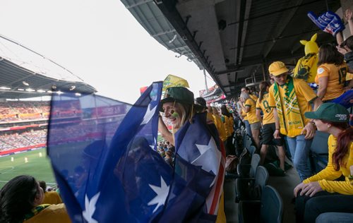 Brooke Robson cheers after Australia ties USA in the first half in Winnipeg FIFA Women's World Cup. Robson travelled from Australia to watch her sister Nicola Bolger, a midfielder. June 08, 2015 - MELISSA TAIT / WINNIPEG FREE PRESS